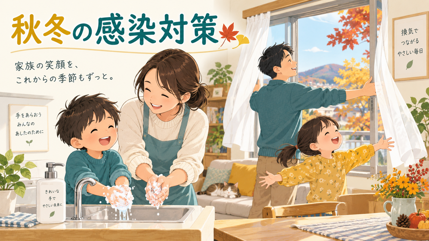 手洗いと換気に取り組む家族の秋冬の感染対策