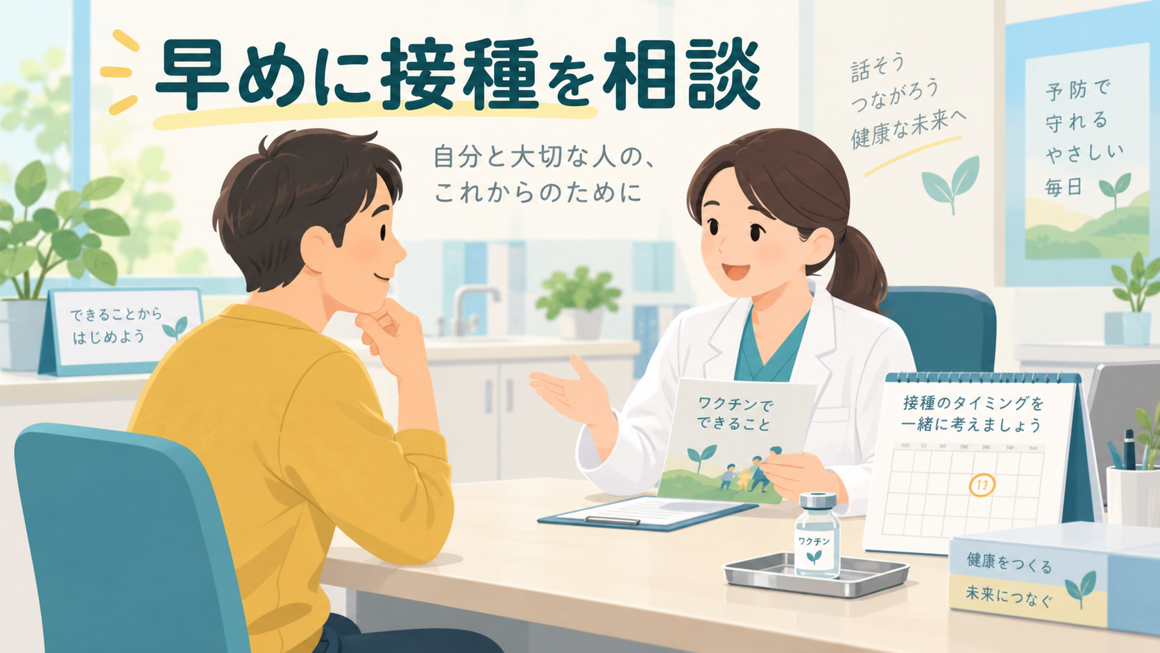 ワクチン接種の時期について医療者に相談する男性