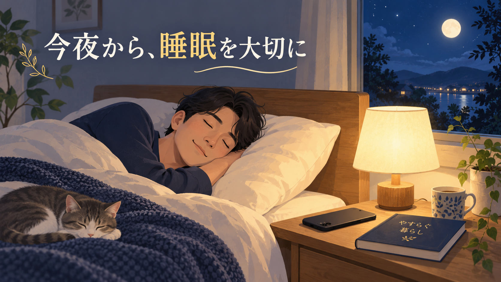 スマートフォンを置いて落ち着いた環境で眠る男性