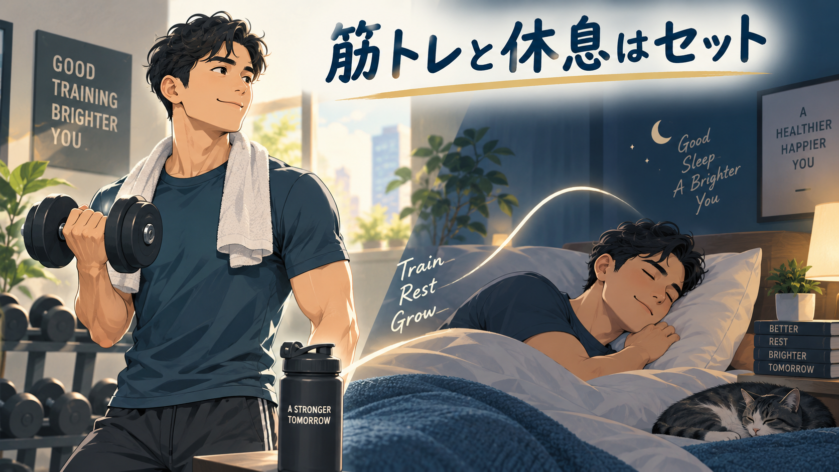 筋トレと休息を組み合わせる男性のイラスト